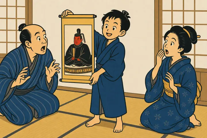 少年源内がからくり掛け軸「お神酒天神」を披露し、大人たちが仰天している浮世絵風イラスト