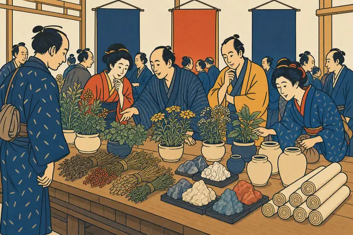 江戸・湯島の物産博覧会に薬草や鉱石が並び、町人たちで賑わう浮世絵風イラスト
