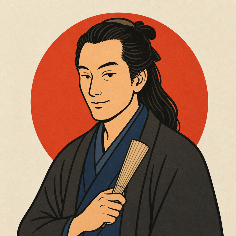 平賀源内の肖像イラスト - 総髪に羽織姿、扇子を手にした浮世絵風の胸像