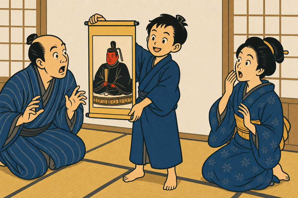 少年源内がからくり掛け軸「お神酒天神」を披露し、大人たちが仰天している浮世絵風イラスト