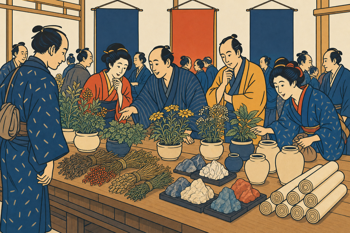 江戸・湯島の物産博覧会に薬草や鉱石が並び、町人たちで賑わう浮世絵風イラスト
