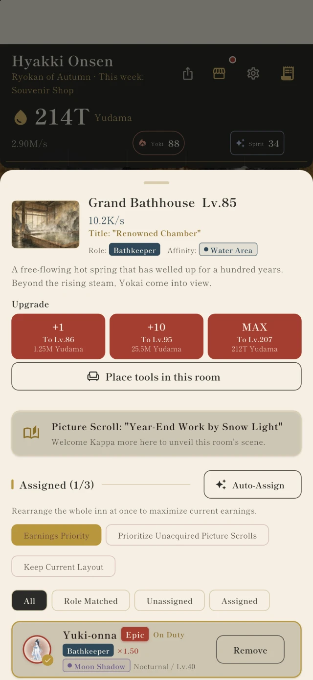 Facility assignment screen. Displays roles, preferences, and the work of assigned yokai.