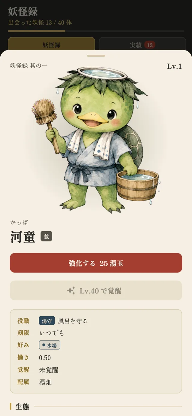 妖怪録の詳細画面。妖怪の役職や能力、覚醒の状態が記されている