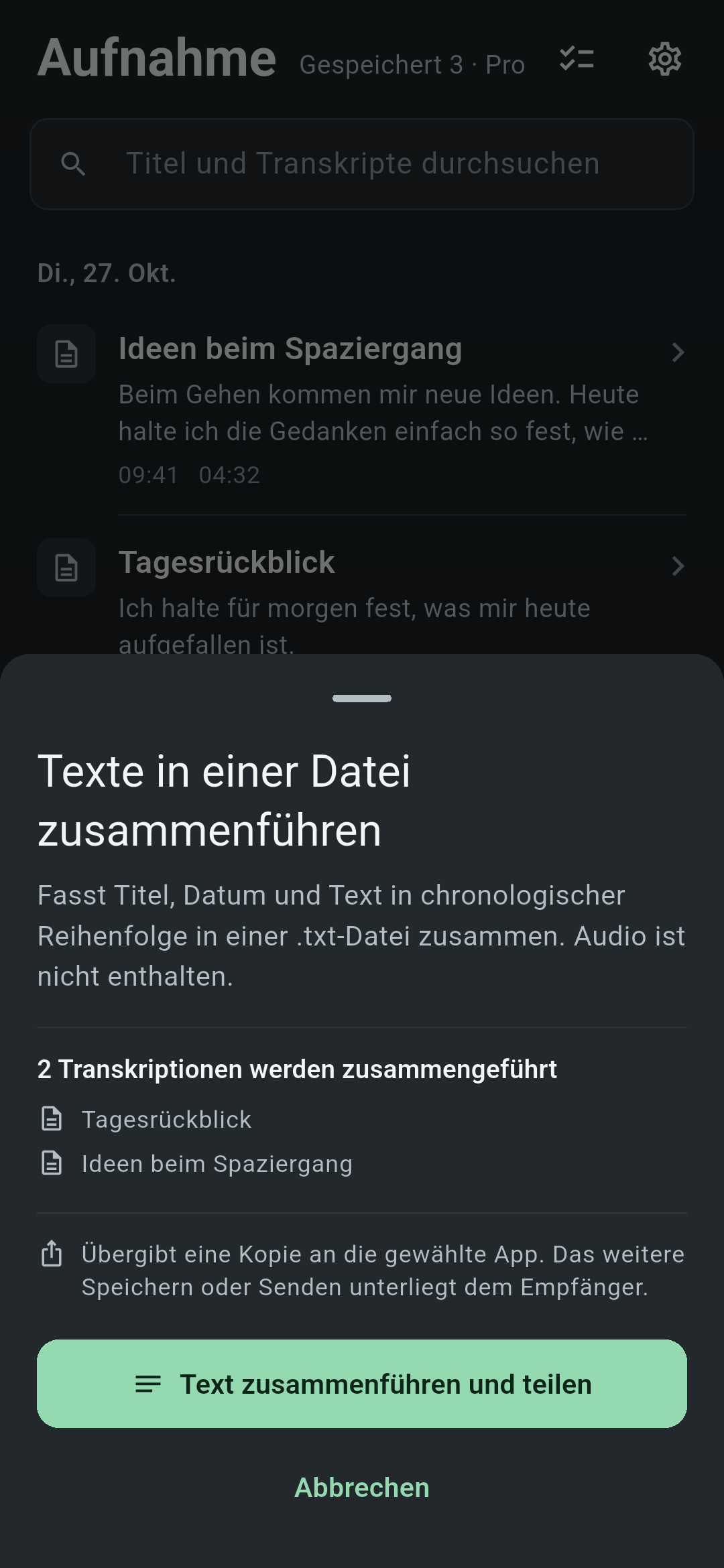 Aufnahmeliste von Koetoji mit geöffnetem Dialog zum Zusammenführen von Texten in einer Datei. Zu sehen sind die Titel von 2 Transkriptionen und die Schaltfläche zum Zusammenführen und Teilen des Textes.