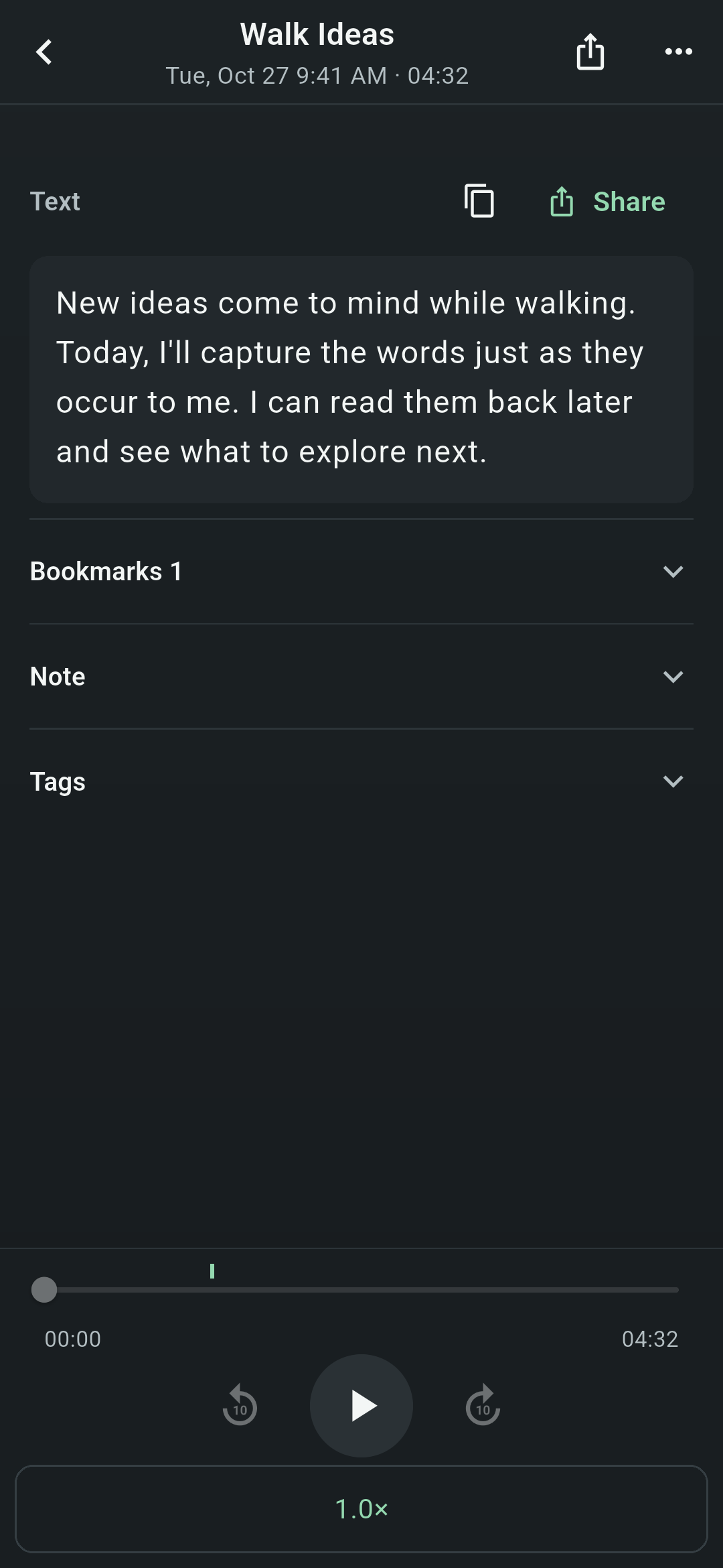 Koetoji recording detail screen showing the title "Walk ideas", body text, Bookmarks, Memo, and Tags sections, and a playback bar and play button at the bottom