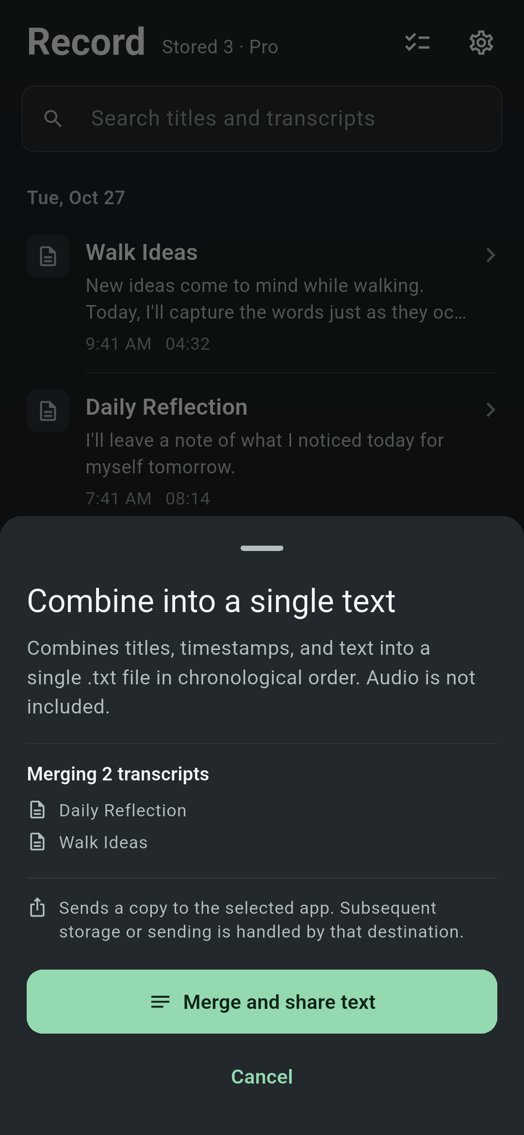Koetoji recording list with the sheet to combine into a single text open, showing two transcript titles and the button to merge and share text
