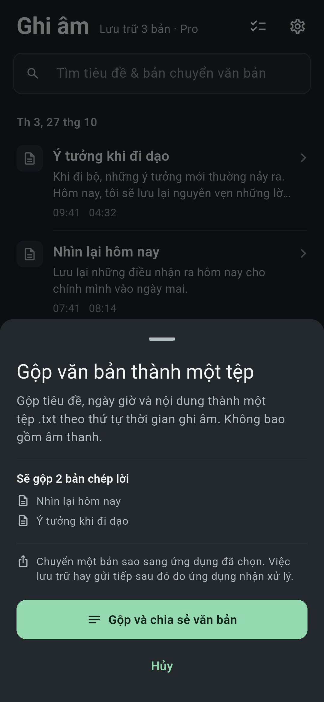 Màn hình danh sách bản ghi của Koetoji đang mở bảng gộp văn bản thành một tệp. Hiển thị tiêu đề của 2 bản chép lời và nút gộp và chia sẻ văn bản