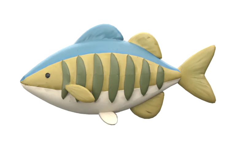 図鑑の魚、アオセジマ。青い背と暗い縦帯の架空の魚