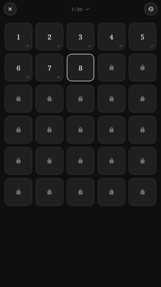 レベル選択画面。数字が並び、まだ開いていないものには錠が表示されている。