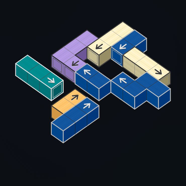 Nine yellow, blue, purple and green wooden pieces form an interlocking puzzle with several blocked paths.